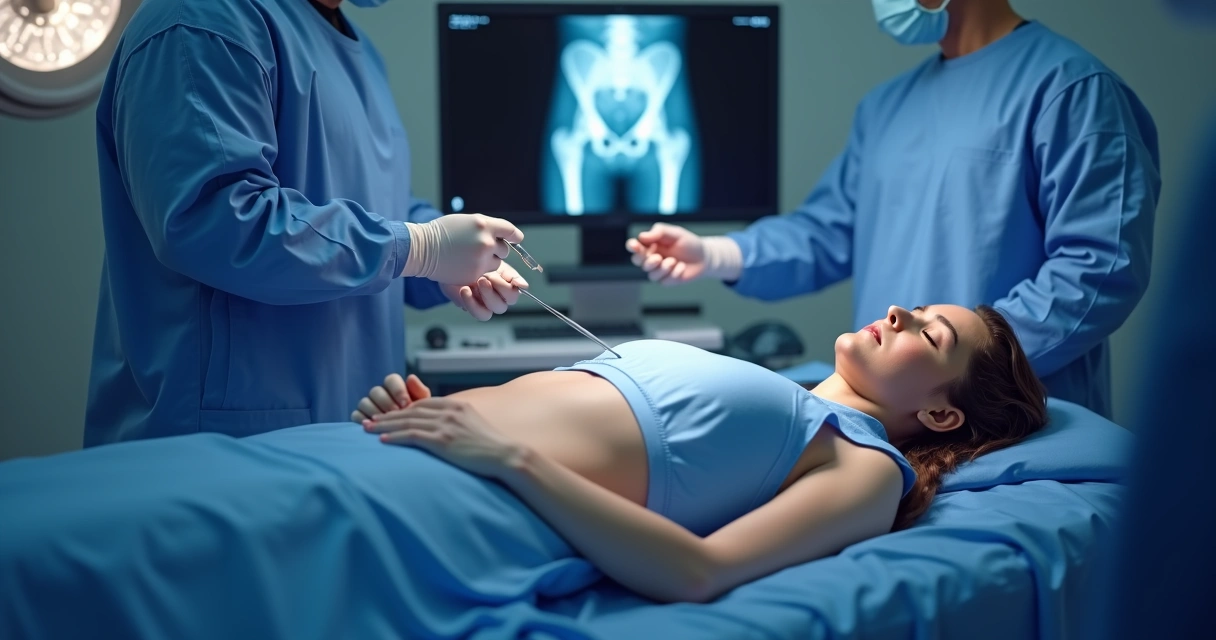 Procedimento representando embolização pélvica em ambiente cirúrgico.