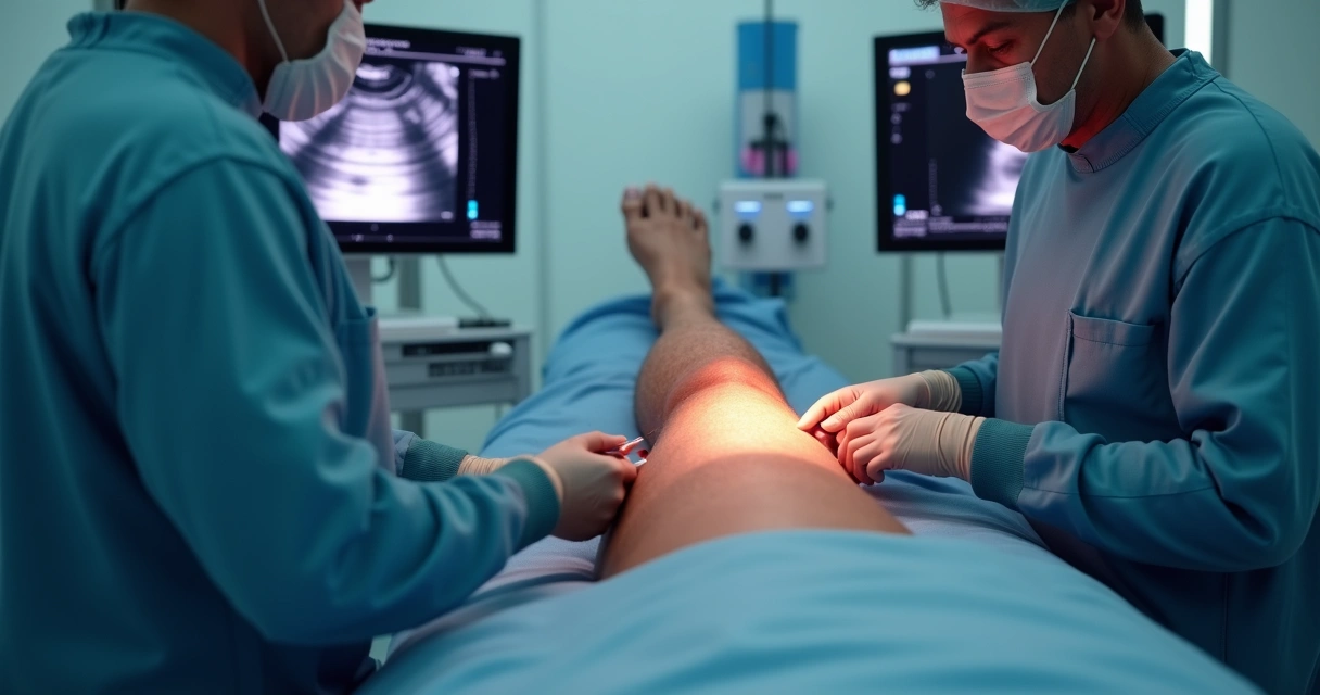 Procedimento de endolaser guiado por ultrassom na perna 