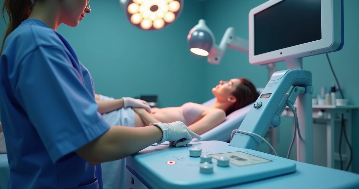 Equipamento moderno de endolaser em ambiente clínico para tratamento de varizes, com médico ajustando aparelho ao lado da maca de paciente 