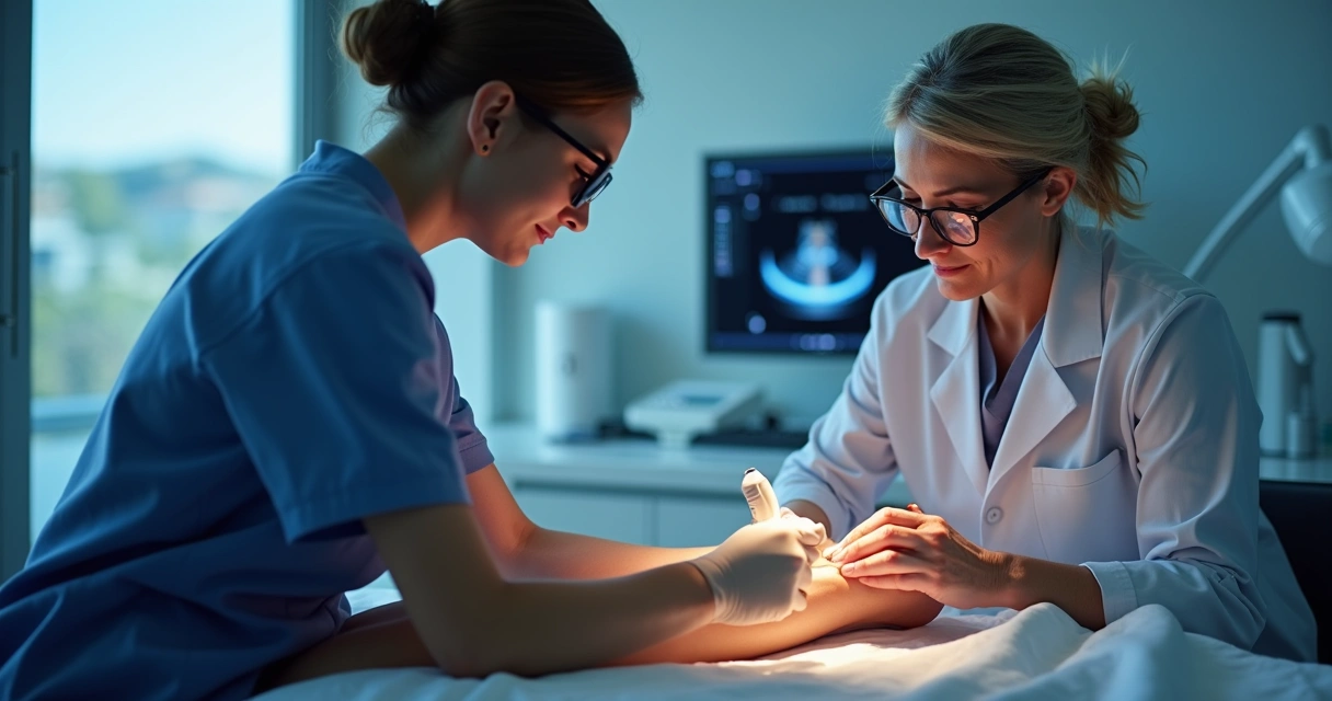 Médico realizando procedimento endolaser em paciente com foco nas pernas