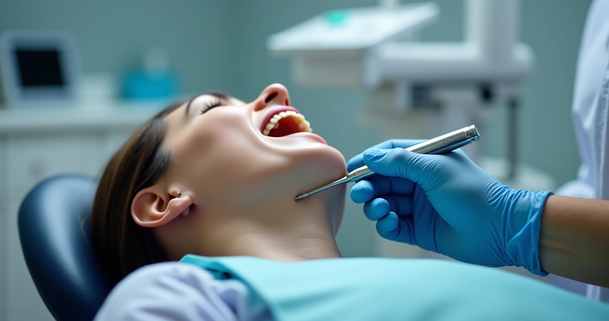 Dentista realizando enxerto gengival em consultório moderno 