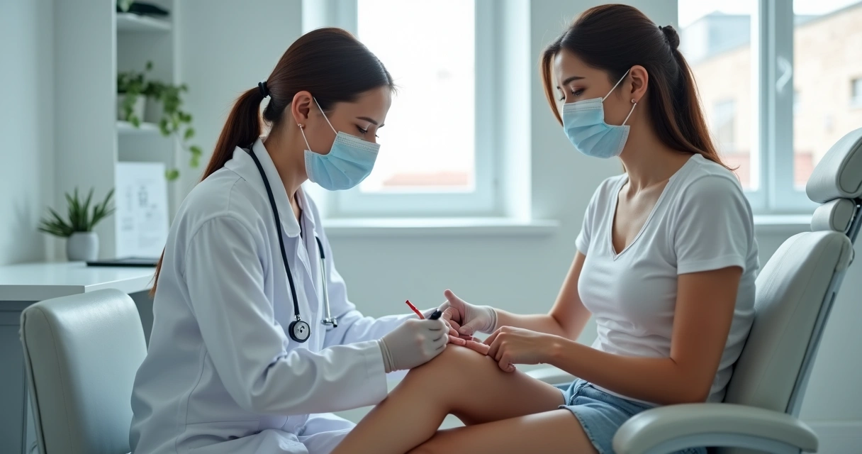 Médico realizando procedimento de escleroterapia em paciente sentada, mostrando ambiente de consultório moderno
