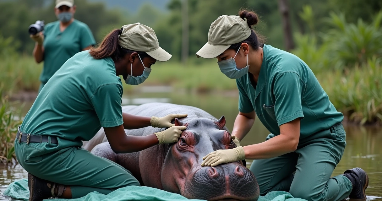 Equipe veterinária realizando esterilização de hipopótamo em ambiente controlado. 