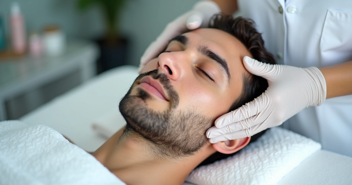 Procedimento estético em homem com profissional aplicando produto no rosto 