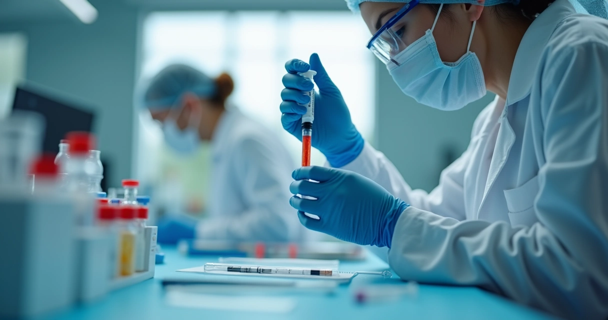 Profissional em laboratório analisando seringa de PDRN 
