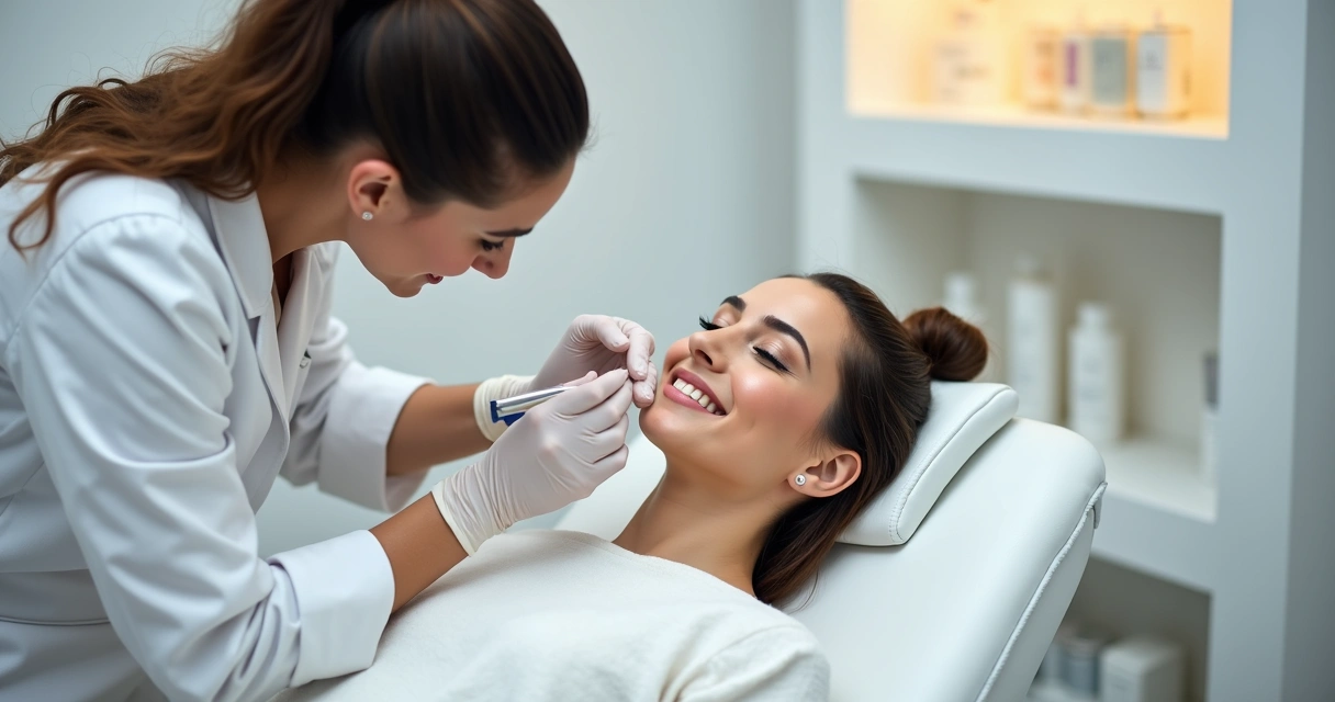 Profissional aplicando preenchimento facial em paciente sorridente, consultório moderno 