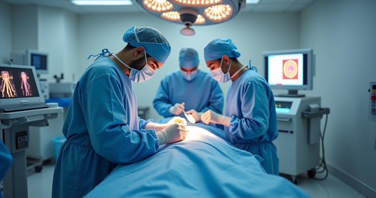 Equipe médica realiza técnica FiLaC com fibra de laser em sala de cirurgia moderna 