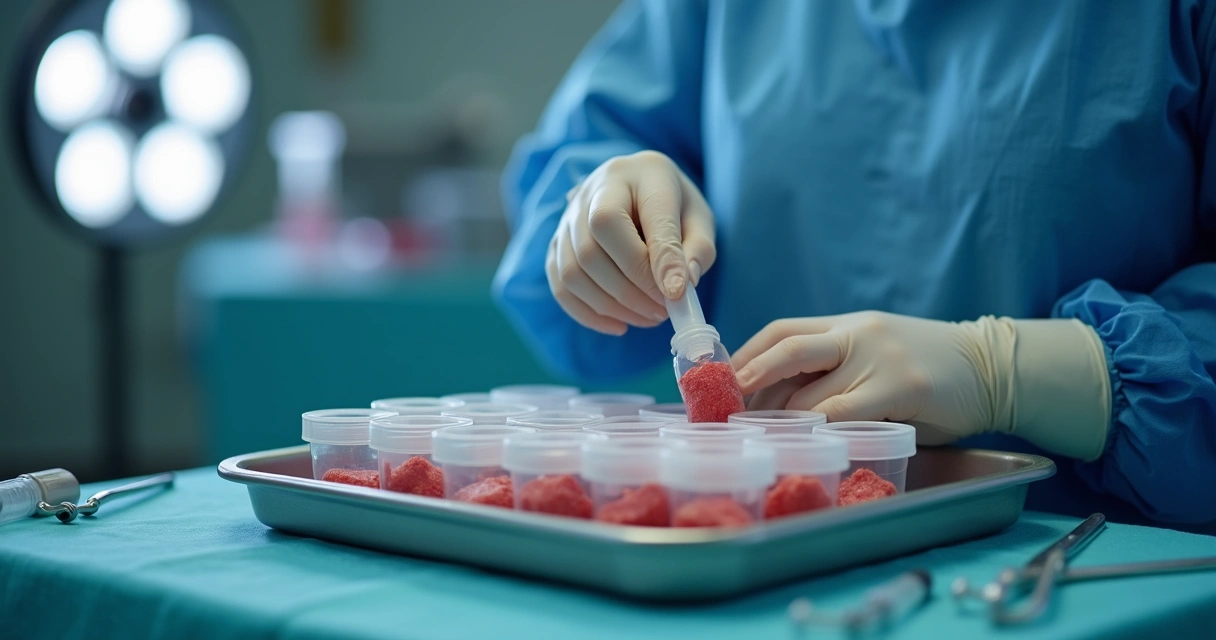 Profissional de saúde manipulando gordura para procedimento estético 