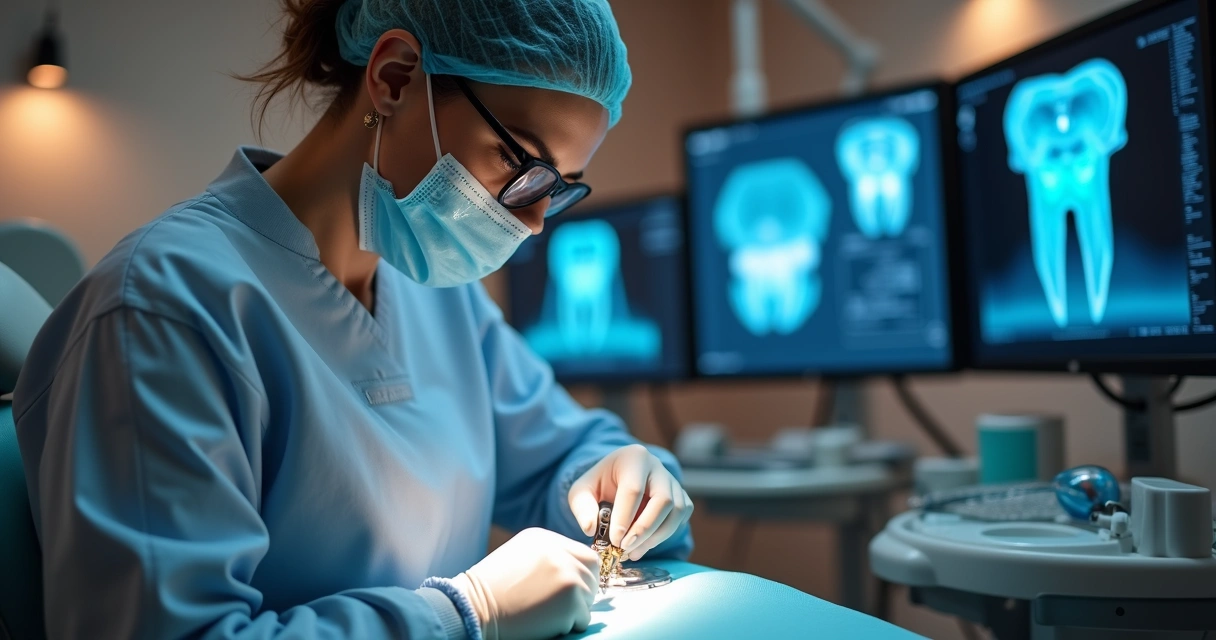 Cirurgião-dentista usando guia cirúrgico durante procedimento de implante dentário 