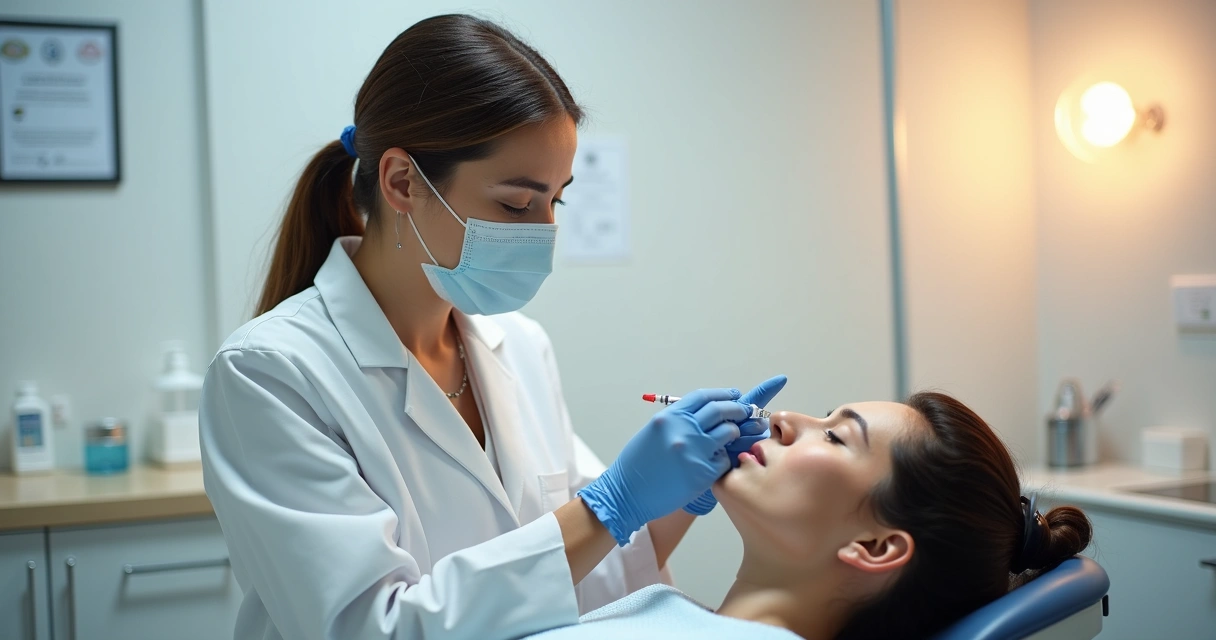 Profissional realiza harmonização facial em consultório limpo e moderno 