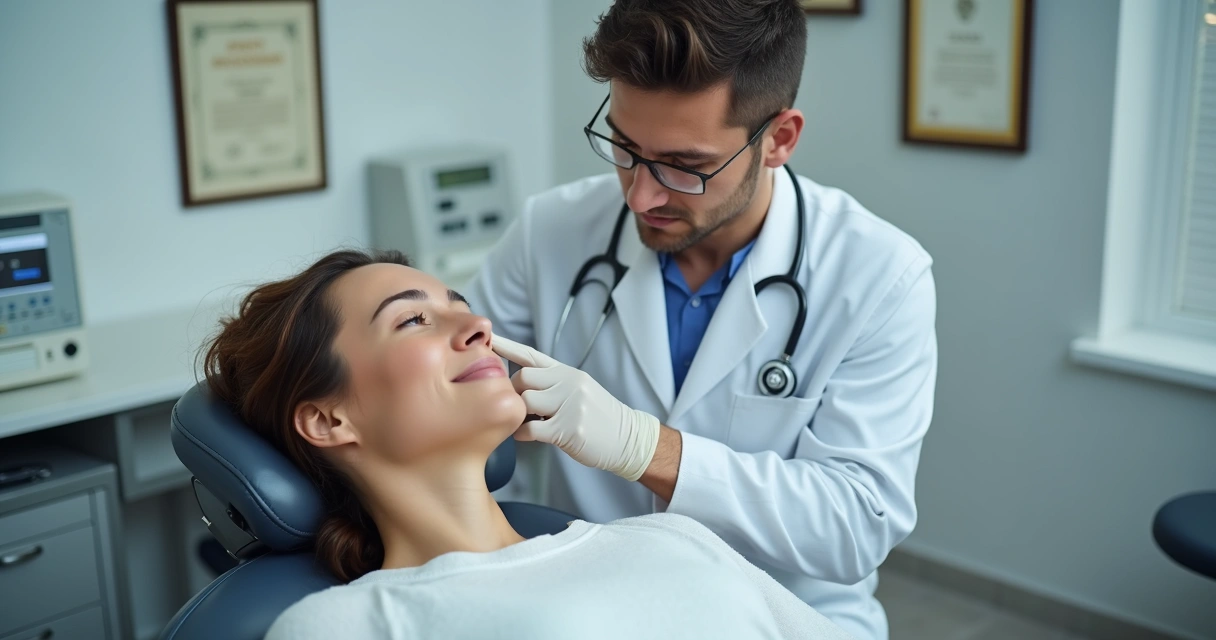 Procedimento de harmonização facial em consultório com médico aplicando técnica em paciente mulher 