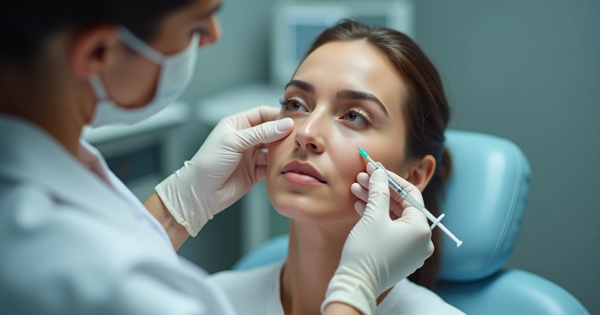 Profissional realizando procedimento de harmonização facial em paciente 