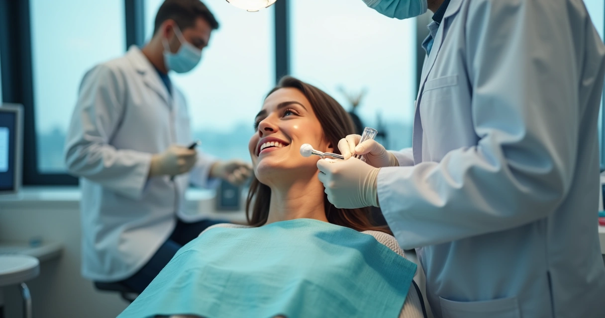 Dentista realizando implante dentário em paciente relaxado na cadeira odontológica 