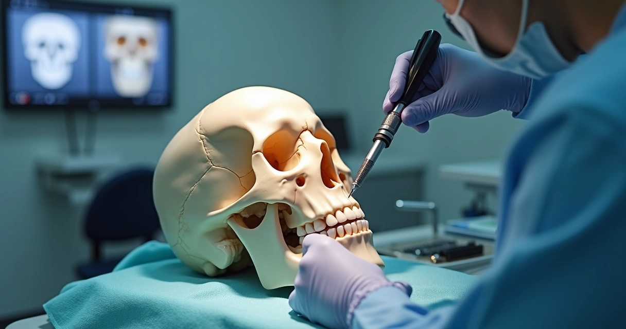 Dentista posicionando implante zigomático em um modelo anatômico do crânio, com destaque para a estrutura óssea e instrumentos cirúrgicos