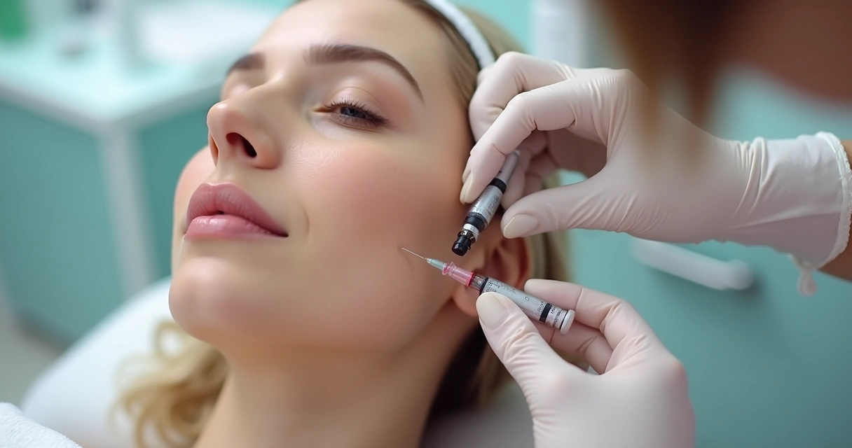 Procedimento de aplicação de bioestimulador de colágeno no rosto feminino na clínica