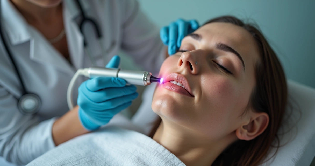 Profissional dermatologista aplicando o laser CO2 em cicatrizes antigas de acne no rosto de paciente 