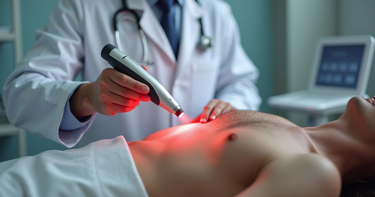 Médico usando equipamento de laser em pele genital masculina
