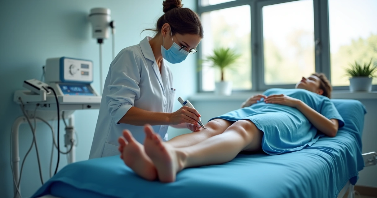 Procedimento de tratamento a laser em perna realizado por médica em consultório 