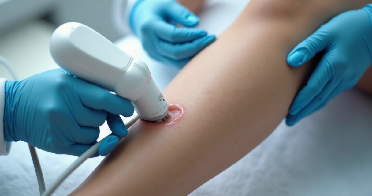 Aplicação de laser em perna feminina com pequenas varizes 