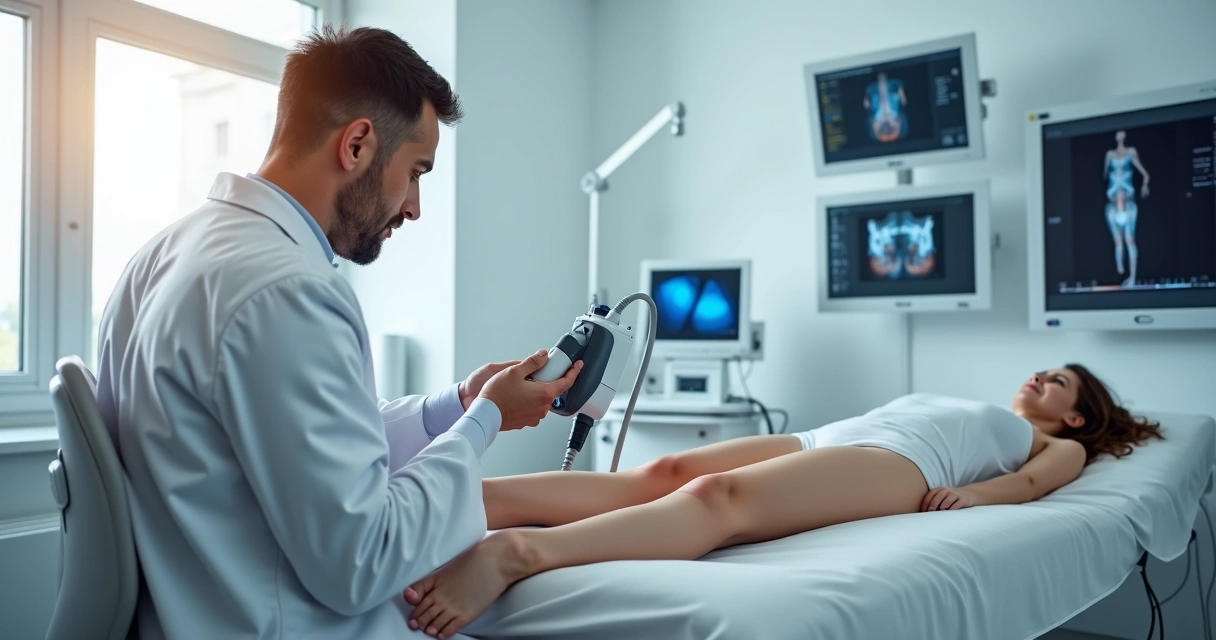 Médico realizando procedimento a laser nas pernas de paciente 
