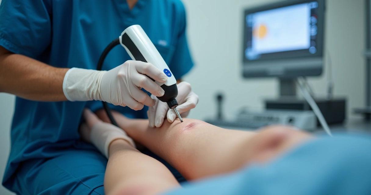 Médica aplicando técnica de laser guiada por ultrassom em paciente com marcas de varizes 