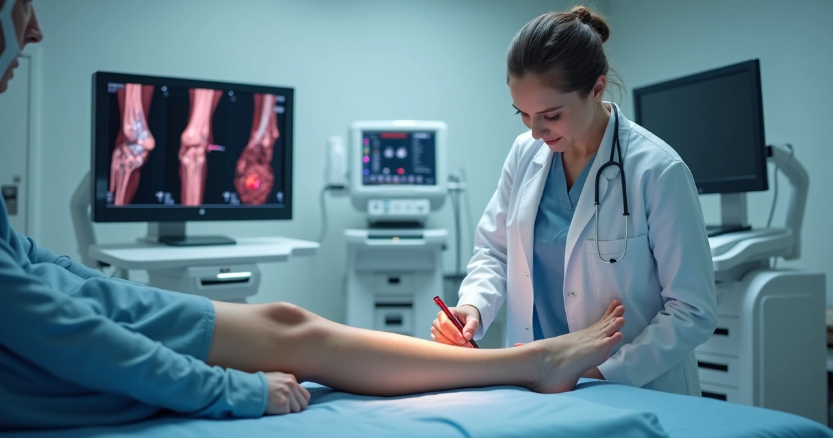 Paciente deitado em sala de clínica com médico aplicando laser endovenoso na perna 