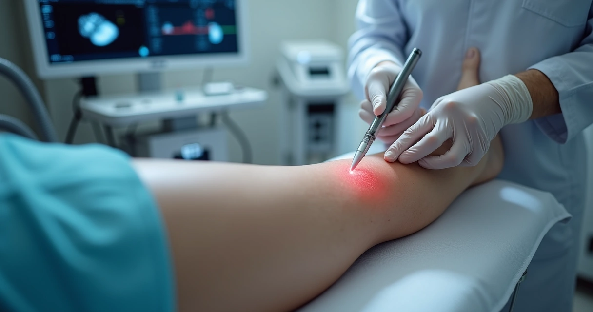 Médico realizando procedimento de endolaser em perna com varizes 
