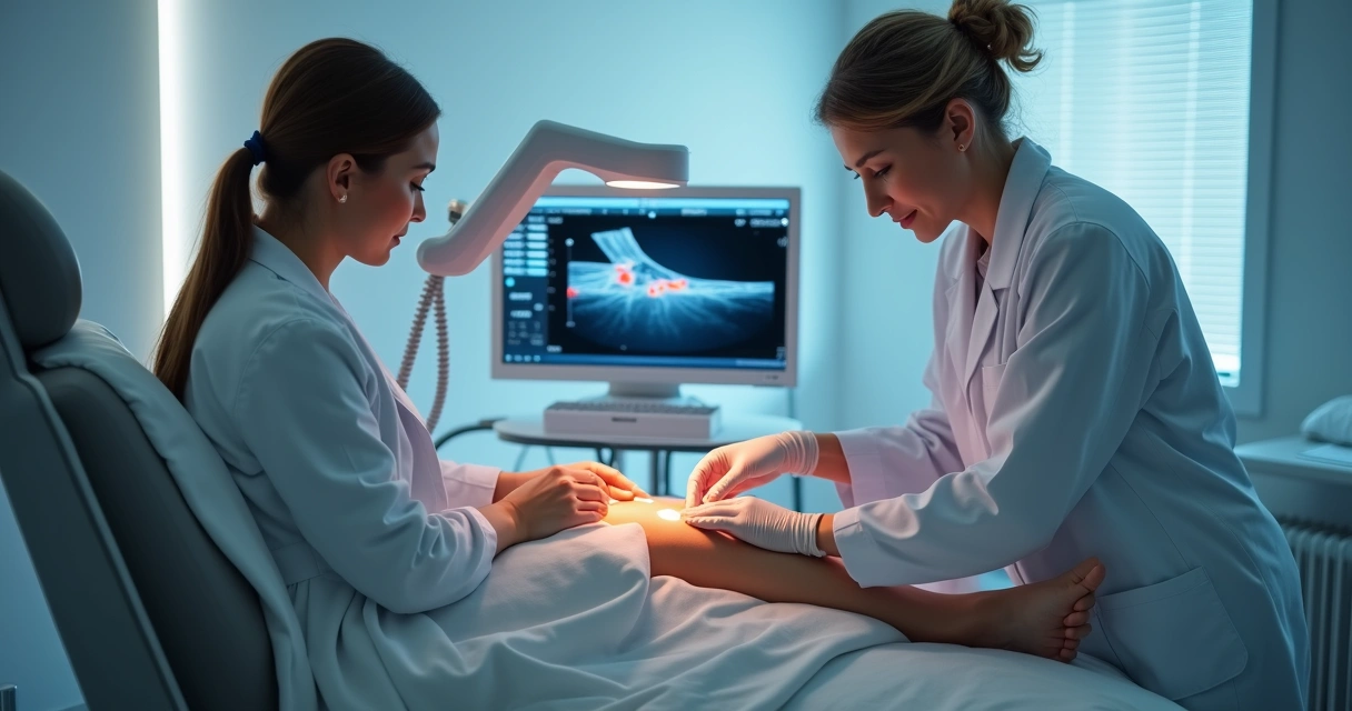 Paciente em ambiente clínico recebendo aplicação de endolaser guiado por ultrassom na perna, com equipamentos de monitoramento ao redor 