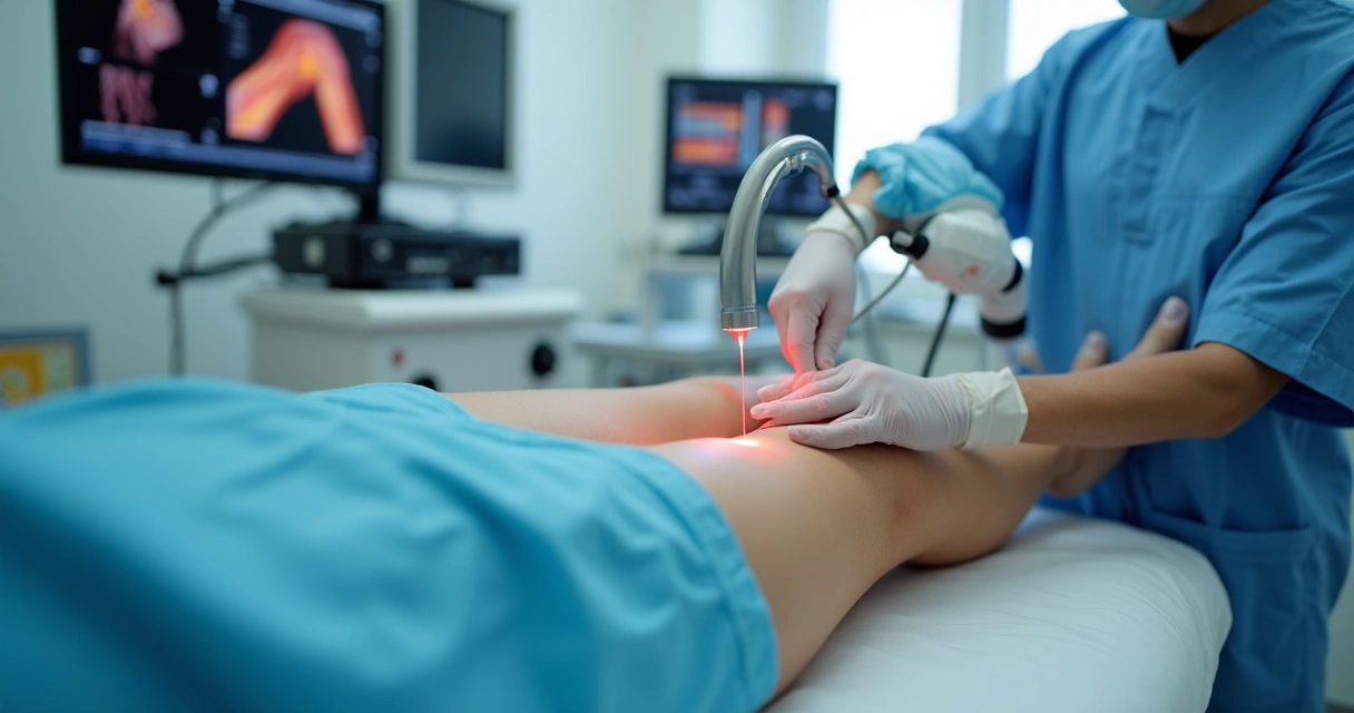 Aplicação de laser em perna com varizes, ambiente clínico 