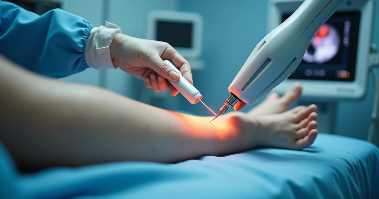Médico aplicando laser endovenoso guiado por ultrassom em perna feminina 