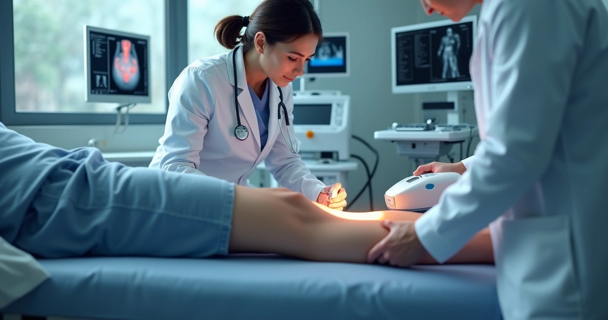 Médico aplicando laser em perna de paciente em clínica