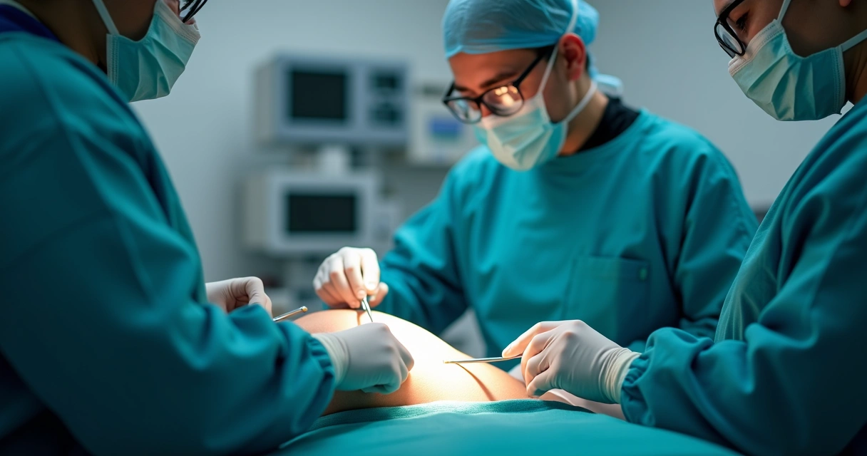 Médica realizando procedimento endolaser em veia safena da perna de paciente em clínica moderna 