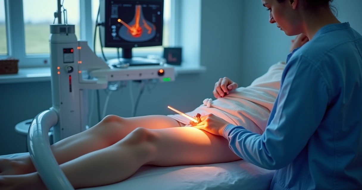 Aplicação de laser em veia safena com ultrassom guiado, representando tratamento moderno
