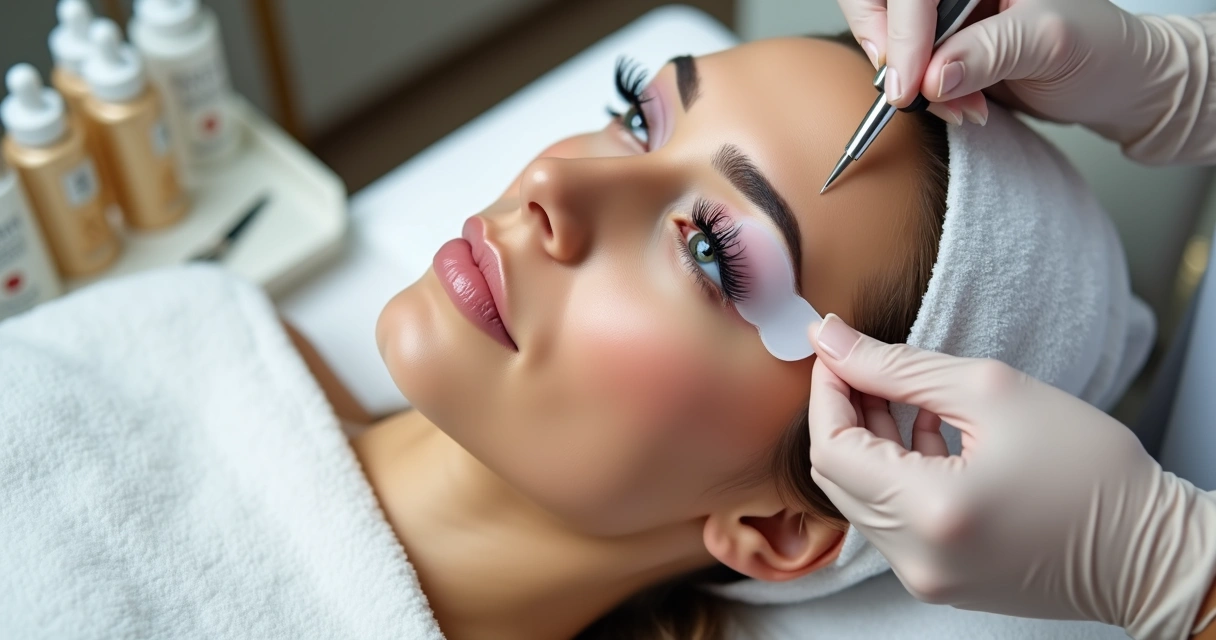 Profissional de beleza fazendo lash lift em cliente com vista de perto dos cílios 