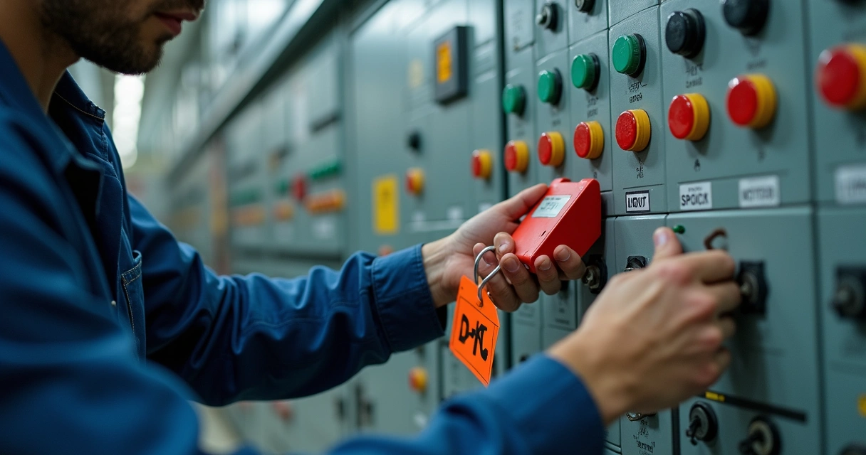 Técnico industrial realiza bloqueio LOTO em painel elétrico 