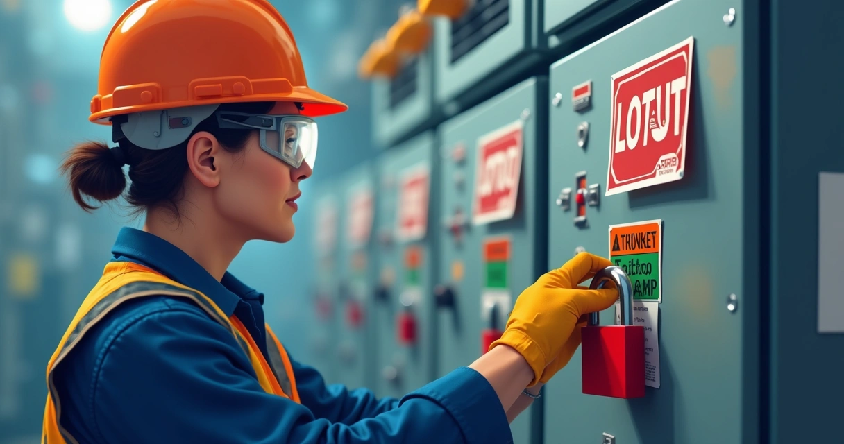 Técnico aplicando procedimento LOTO em painel industrial 