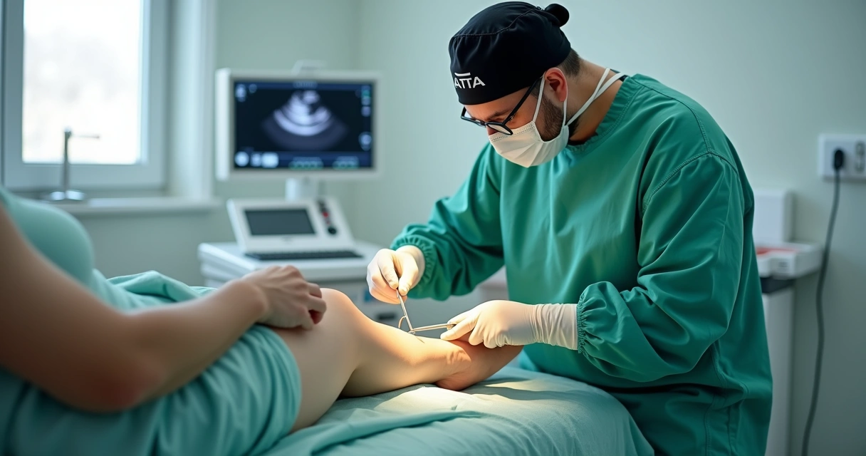 Médico realizando procedimento vascular moderno em paciente deitado 