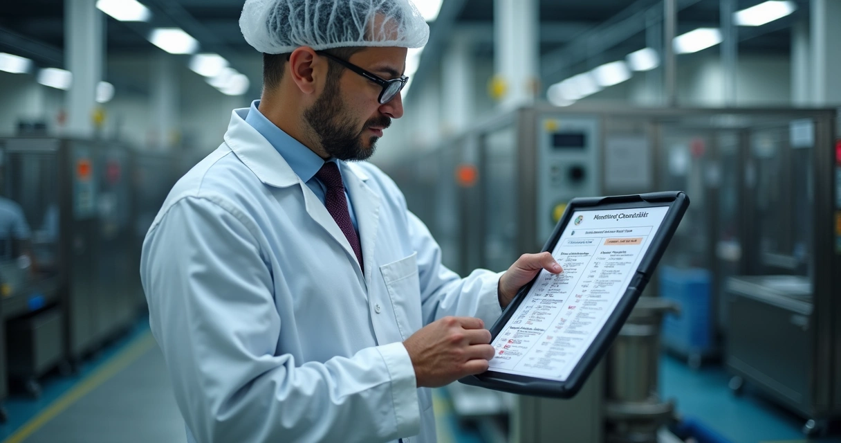 Profissional verifica documentos de monitoramento em fábrica de alimentos 
