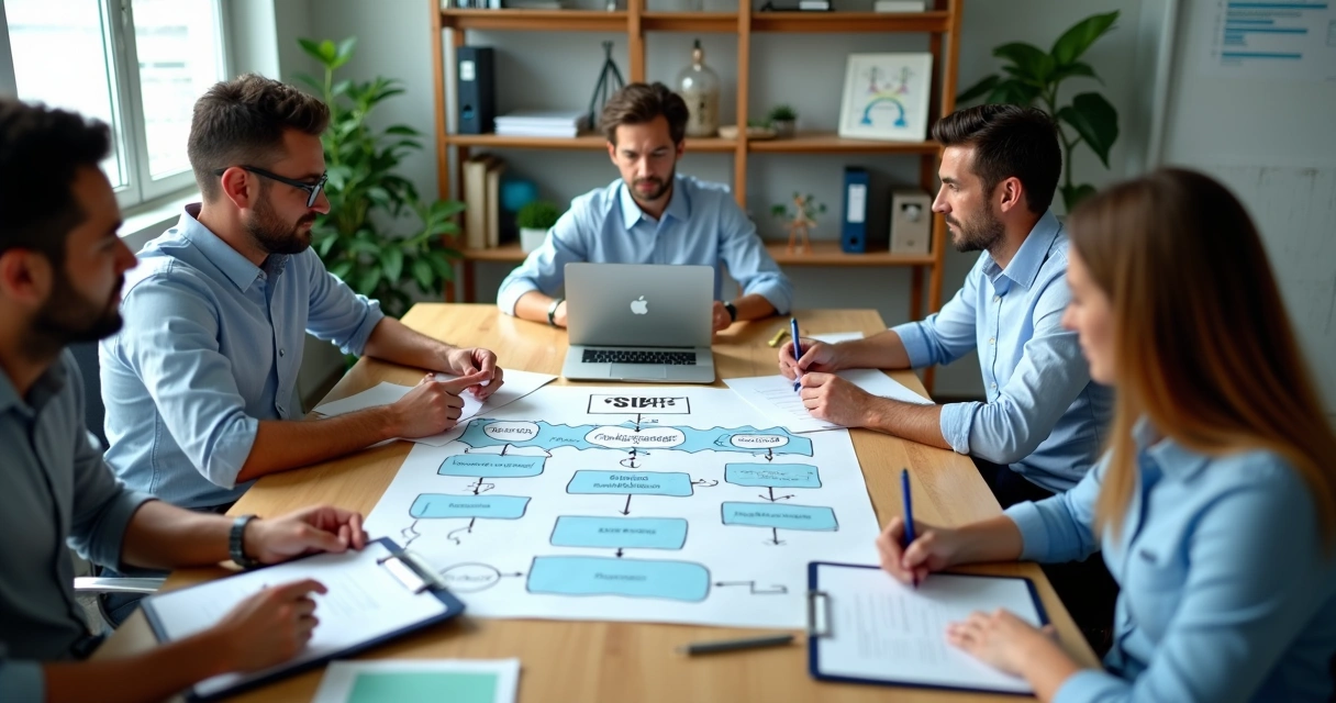 Equipe de PME em escritório seguindo fluxo de processo impresso em pranchetas 