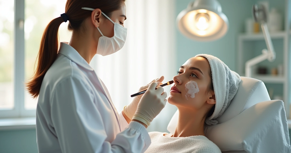 Profissional de estética realiza peeling facial em paciente usando EPI adequado