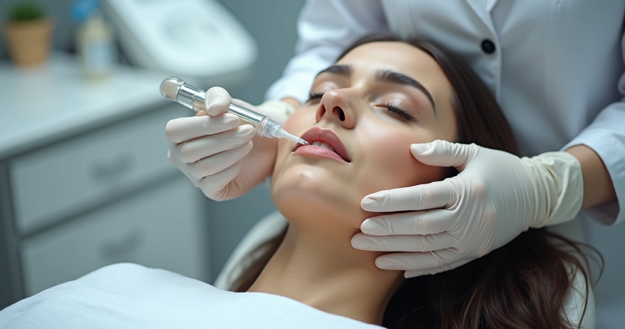 Profissional aplicando preenchimento labial em paciente. 