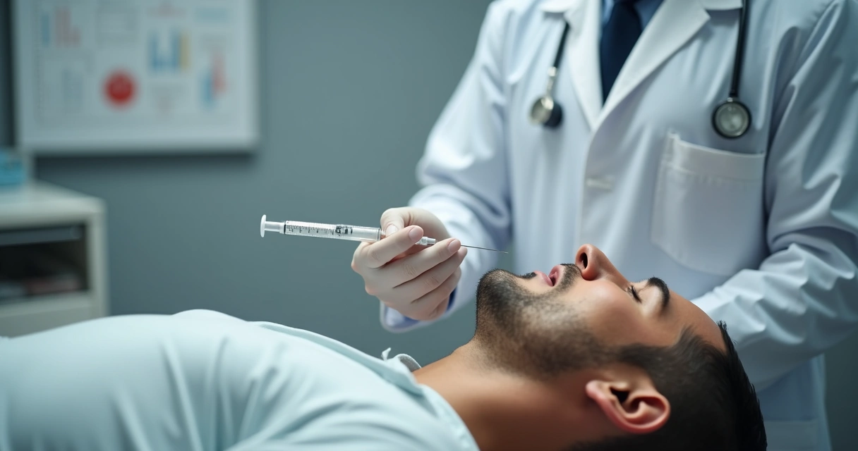 Médico realizando preenchimento peniano em ambiente clínico 