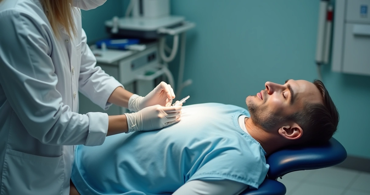 Procedimento de preenchimento peniano em ambulatório, médico aplicando ácido hialurônico usando técnica estéril 