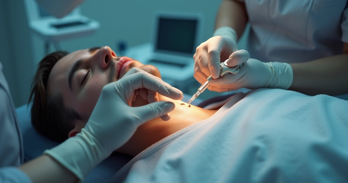 Profissional aplicando ácido hialurônico no pênis em consultório