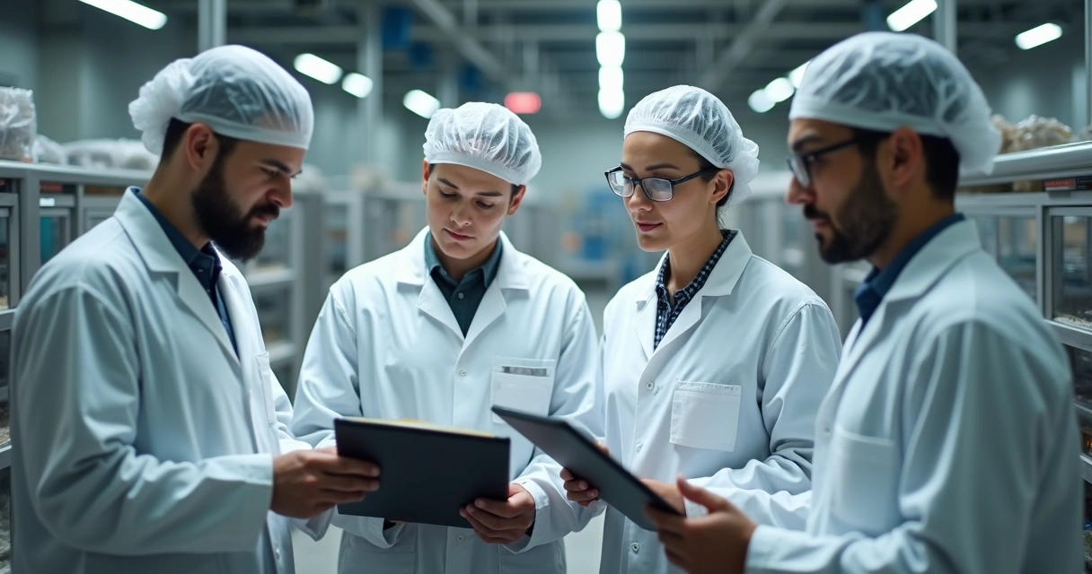 Equipe analisando documentação de recall em setor industrial 