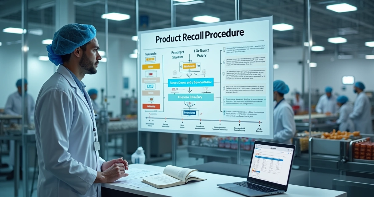 Gestor de qualidade analisando plano de recall em fábrica de alimentos 