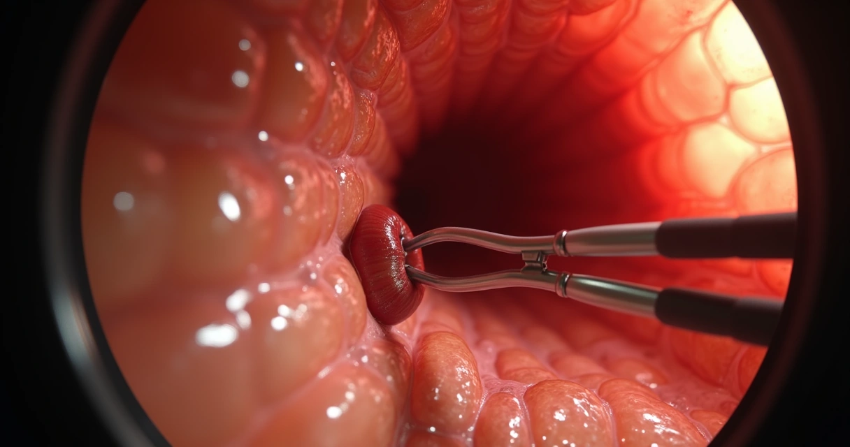 Colonoscópio retirando pólipo do cólon durante o exame 