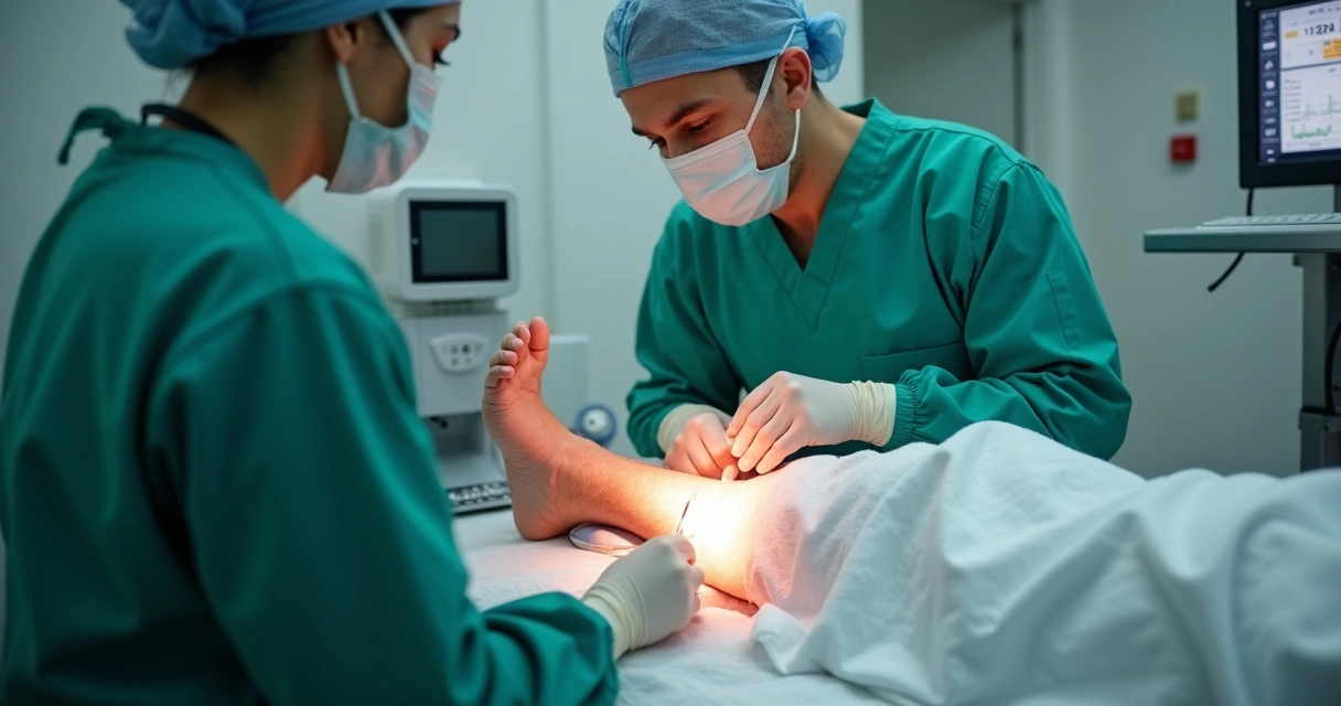 Procedimento de termoablação na perna com equipamento de laser e médico aplicando técnica 