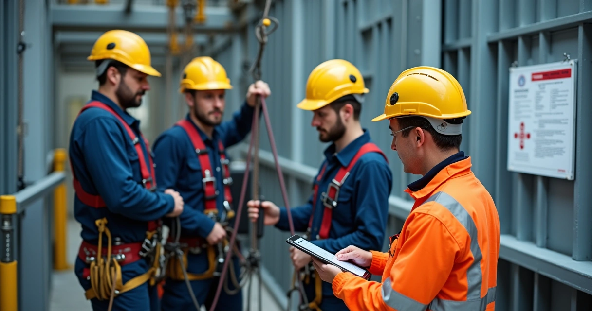 Procedimento de trabalho em altura com equipe equipada e supervisão. 