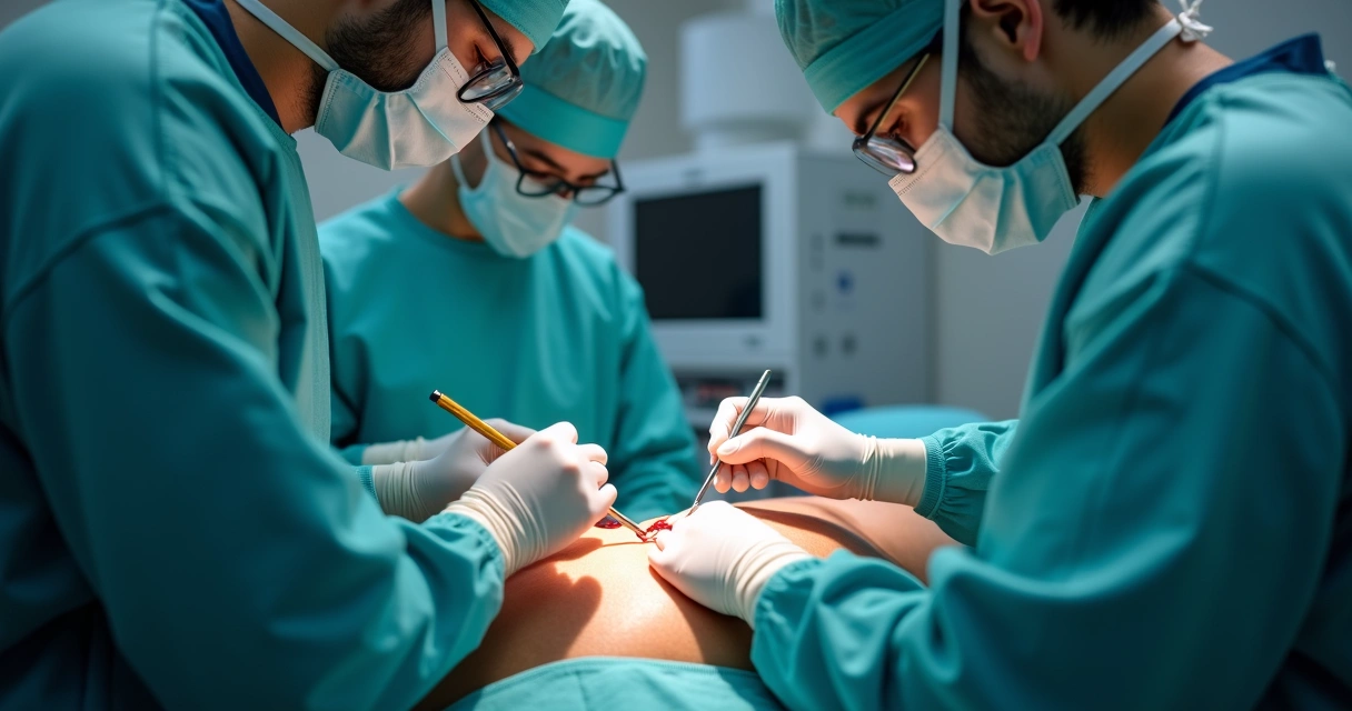 Procedimento urológico com equipe médica usando materiais estéreis 